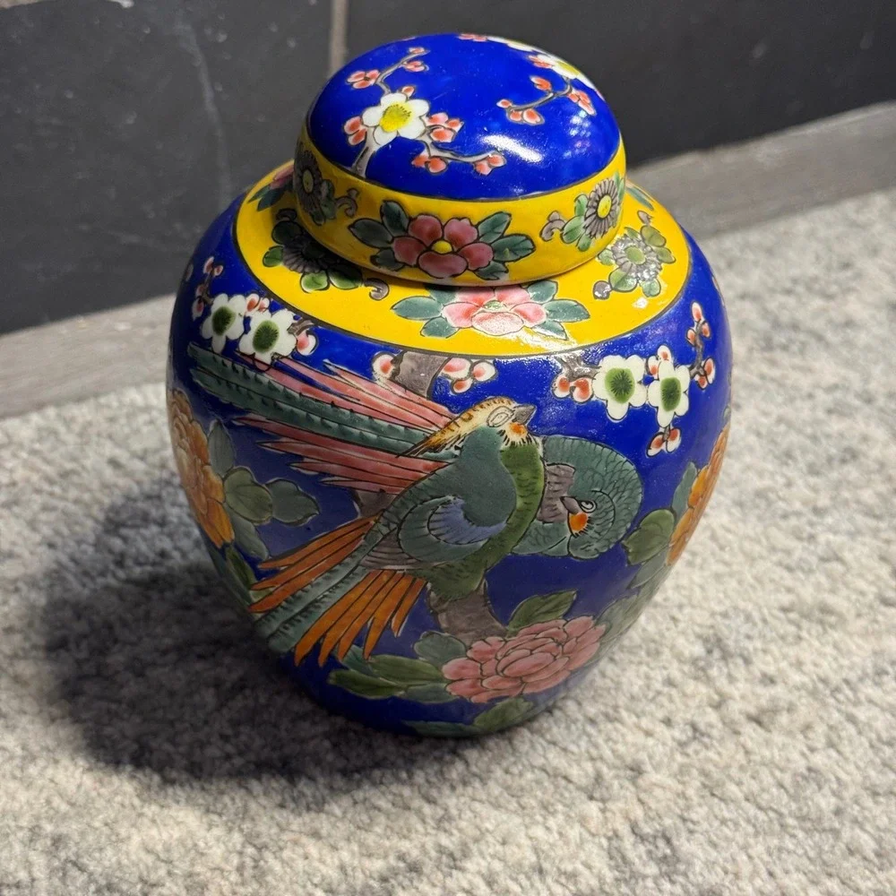 Vintage Made in Japan‎ Ginger Jar Cobalt Blue Yellow Parrot Cherry Blossom 6.5
